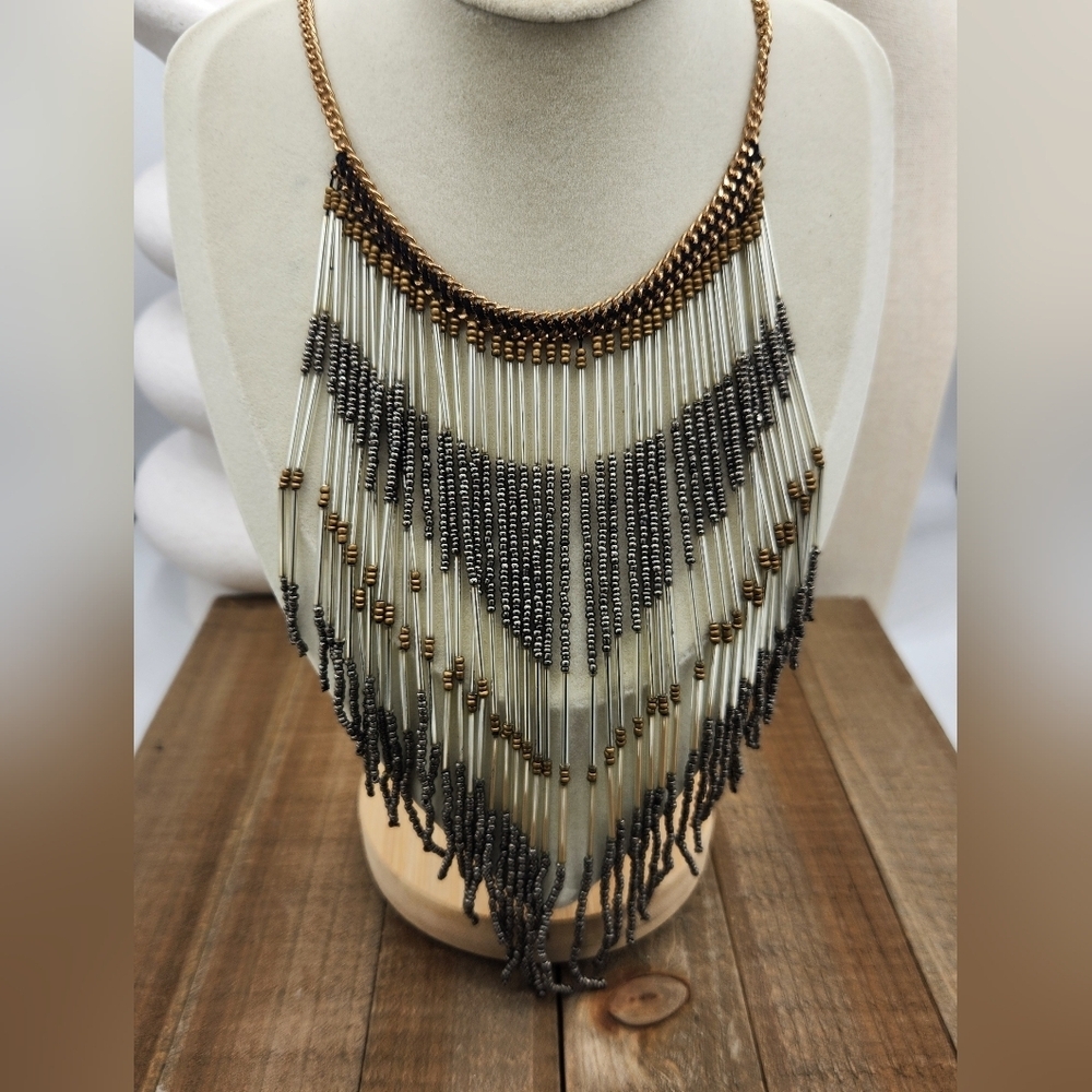 Sexy Beaded Fringe Necklace • Gold, Silver, Black & White Beads In V design.